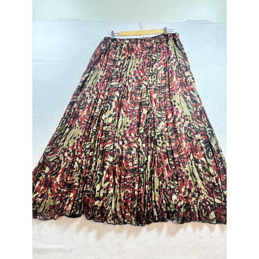 Ruby Red Pleated Maxi Skirt Women Size 14 W-36 L-34 Red Brown Blk Lined Bohemian